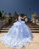 Off Shoulder Sweetheart Necklin Ball Gown 3D Floral Appliqués Light Blue Quinceanera Dresses