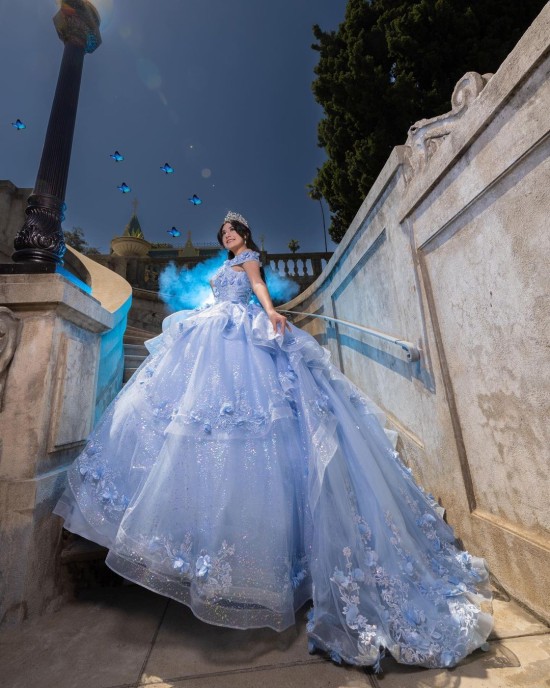 Off Shoulder Sweetheart Necklin Ball Gown 3D Floral Appliqués Light Blue Quinceanera Dresses