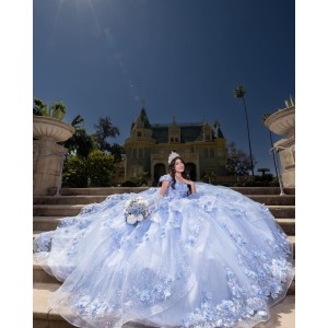 Off Shoulder Sweetheart Necklin Ball Gown 3D Floral Appliqués Light Blue Quinceanera Dresses