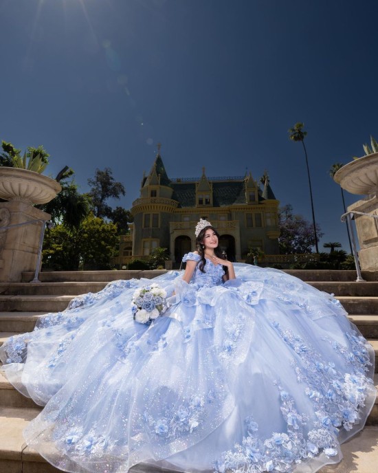 Off Shoulder Sweetheart Necklin Ball Gown 3D Floral Appliqués Light Blue Quinceanera Dresses