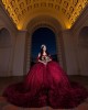 Off Shoulder Sweetheart Necklin Ball Gown Metallic Sequin Burgundy Quinceanera Dresses