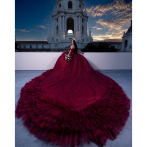 Off Shoulder Sweetheart Necklin Ball Gown Metallic Sequin Burgundy Quinceanera Dresses