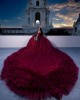 Off Shoulder Sweetheart Necklin Ball Gown Metallic Sequin Burgundy Quinceanera Dresses