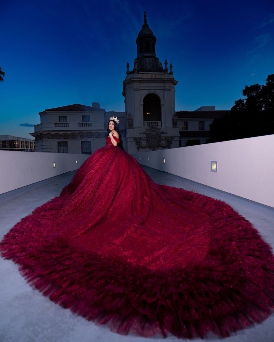 Off Shoulder Sweetheart Necklin Ball Gown Metallic Sequin Burgundy Quinceanera Dresses