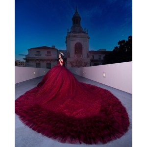 Off Shoulder Sweetheart Necklin Ball Gown Metallic Sequin Burgundy Quinceanera Dresses