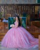 Off Shoulder Sweetheart Necklin Lace Appliques Pink Quinceanera Dress