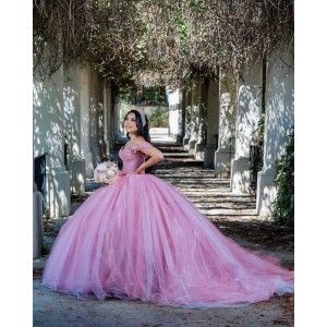 Off Shoulder Sweetheart Necklin Lace Appliques Pink Quinceanera Dress