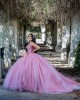 Off Shoulder Sweetheart Necklin Lace Appliques Pink Quinceanera Dress