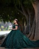 Off Shoulder Sweetheart Necklin Metallic Sequin Emerald Green Quinceanera Dress