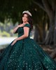 Off Shoulder Sweetheart Necklin Metallic Sequin Emerald Green Quinceanera Dress