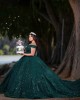 Off Shoulder Sweetheart Necklin Metallic Sequin Emerald Green Quinceanera Dress