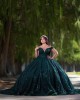 Off Shoulder Sweetheart Necklin Metallic Sequin Emerald Green Quinceanera Dress