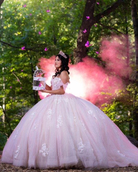 Off Shoulder Sweetheart Neckline Ball Gown Lace Appliques Pink Quinceanera Dresses