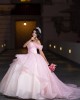 Off Shoulder Sweetheart Neckline Ball Gown Lace Appliques Pink Quinceanera Dresses