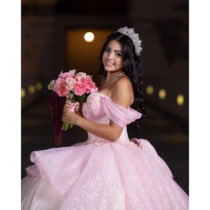 Off Shoulder Sweetheart Neckline Ball Gown Lace Appliques Pink Quinceanera Dresses