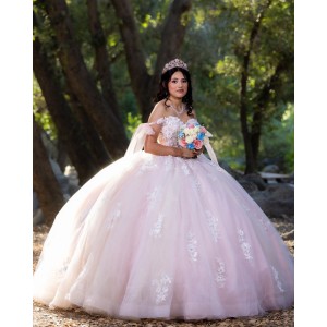 Off Shoulder Sweetheart Neckline Ball Gown Lace Appliques Pink Quinceanera Dresses