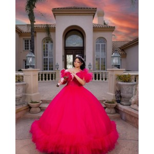 Puff Sleeve Beading Ball Gown Sweetheart Neckline Sequin Berry Red Quinceanera Dresses