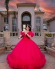 Puff Sleeve Beading Ball Gown Sweetheart Neckline Sequin Berry Red Quinceanera Dresses