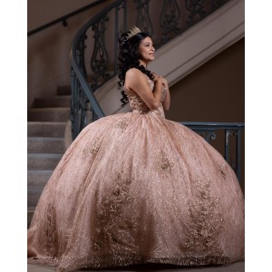 Sleeveless Beading Ball Gown Sweetheart Neckline Lace Appliques Rose Gold Quinceanera Dresses