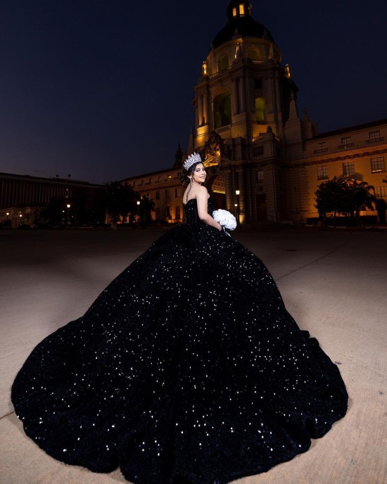 Sleeveless Metallic Sequin Ball Gown Black Quinceanera Dresses