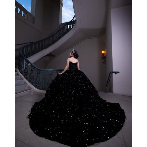 Sleeveless Metallic Sequin Ball Gown Black Quinceanera Dresses