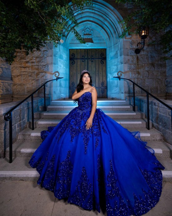 Sleeveless Metallic Sequin Ball Gown Royal Blue Quinceanera Dresses