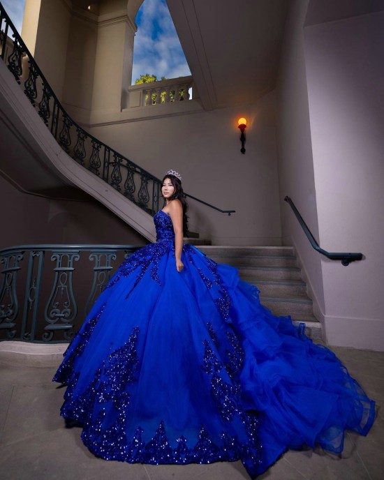 Sleeveless Metallic Sequin Ball Gown Royal Blue Quinceanera Dresses