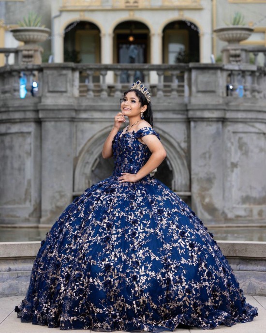 Sweetheart Neckline 3D Floral Appliqués Off Shoulder Navy Blue Quinceanera Dress