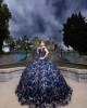 Sweetheart Neckline 3D Floral Appliqués Off Shoulder Navy Blue Quinceanera Dress