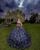 Sweetheart Neckline 3D Floral Appliqués Off Shoulder Navy Blue Quinceanera Dress