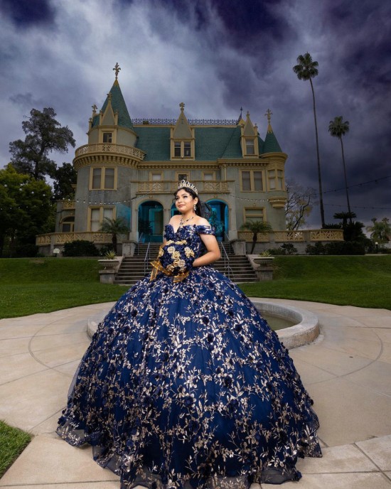 Sweetheart Neckline 3D Floral Appliqués Off Shoulder Navy Blue Quinceanera Dress