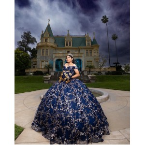 Sweetheart Neckline 3D Floral Appliqués Off Shoulder Navy Blue Quinceanera Dress