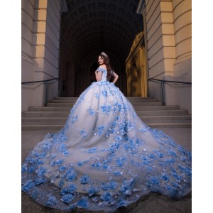 Sweetheart Neckline Ball Gown Lace Appliques Off Shoulder Corset Blue And White Quinceanera Dress