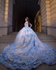 Sweetheart Neckline Ball Gown Lace Appliques Off Shoulder Corset Blue And White Quinceanera Dress