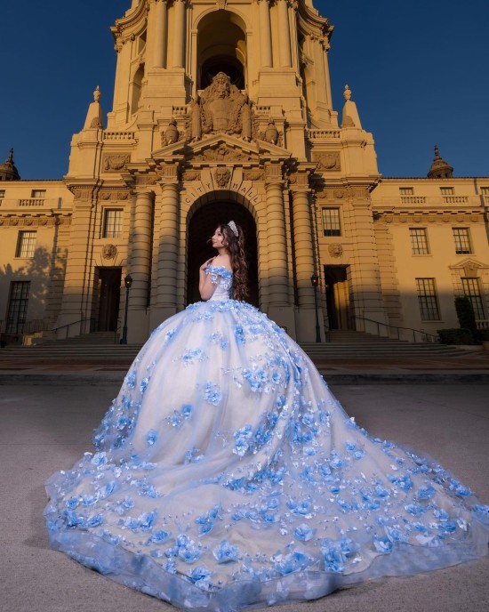 Sweetheart Neckline Ball Gown Lace Appliques Off Shoulder Corset Blue And White Quinceanera Dress