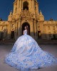 Sweetheart Neckline Ball Gown Lace Appliques Off Shoulder Corset Blue And White Quinceanera Dress