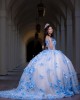 Sweetheart Neckline Ball Gown Lace Appliques Off Shoulder Corset Blue And White Quinceanera Dress