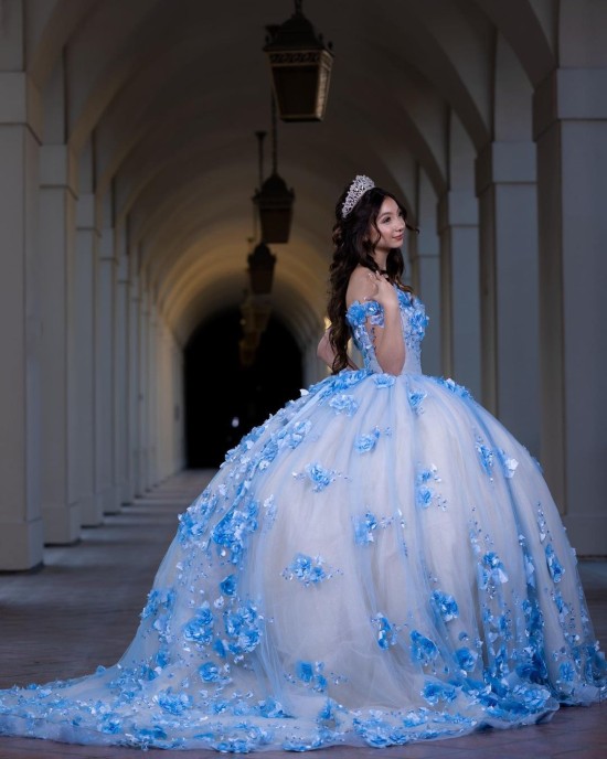 Sweetheart Neckline Ball Gown Lace Appliques Off Shoulder Corset Blue And White Quinceanera Dress