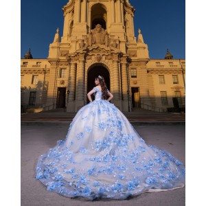 Sweetheart Neckline Ball Gown Lace Appliques Off Shoulder Corset Blue And White Quinceanera Dress