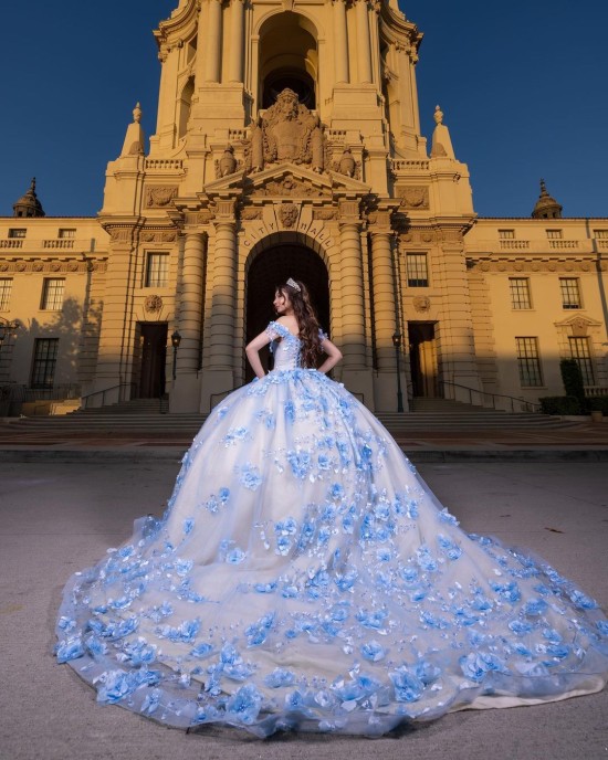 Sweetheart Neckline Ball Gown Lace Appliques Off Shoulder Corset Blue And White Quinceanera Dress