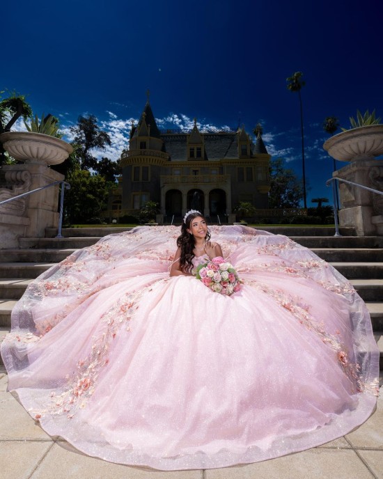 Sweetheart Neckline Ball Gown Three-Dimensional Embroidered Pink Quinceanera Dresses