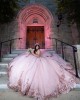 Sweetheart Neckline Beading Ball Gown Lace Appliques Sleeveless Corset Pink Quinceanera Dress