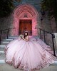 Sweetheart Neckline Beading Ball Gown Lace Appliques Sleeveless Corset Pink Quinceanera Dress