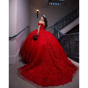 Sweetheart Neckline Lace Appliques Off Shoulder Corset Red Quinceanera Dress