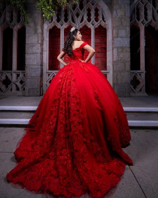 Sweetheart Neckline Lace Appliques Off Shoulder Corset Red Quinceanera Dress