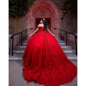 Sweetheart Neckline Lace Appliques Off Shoulder Corset Red Quinceanera Dress