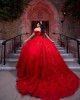 Sweetheart Neckline Lace Appliques Off Shoulder Corset Red Quinceanera Dress