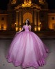 Sweetheart Neckline Off Shoulder Ball Gown Lace Appliques Pink And White Quinceanera Dresses