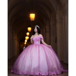 Sweetheart Neckline Off Shoulder Ball Gown Lace Appliques Pink And White Quinceanera Dresses