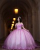 Sweetheart Neckline Off Shoulder Ball Gown Lace Appliques Pink And White Quinceanera Dresses